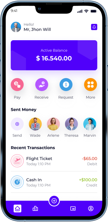 TechifyPay home screen showing balance, quick actions and recent transactions