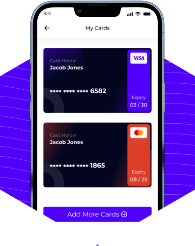 TechifyPay My Cards screen showing saved payment cards