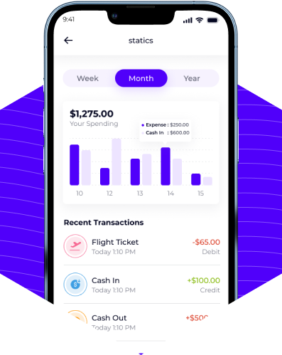 TechifyPay statistics screen showing monthly spending and recent transactions