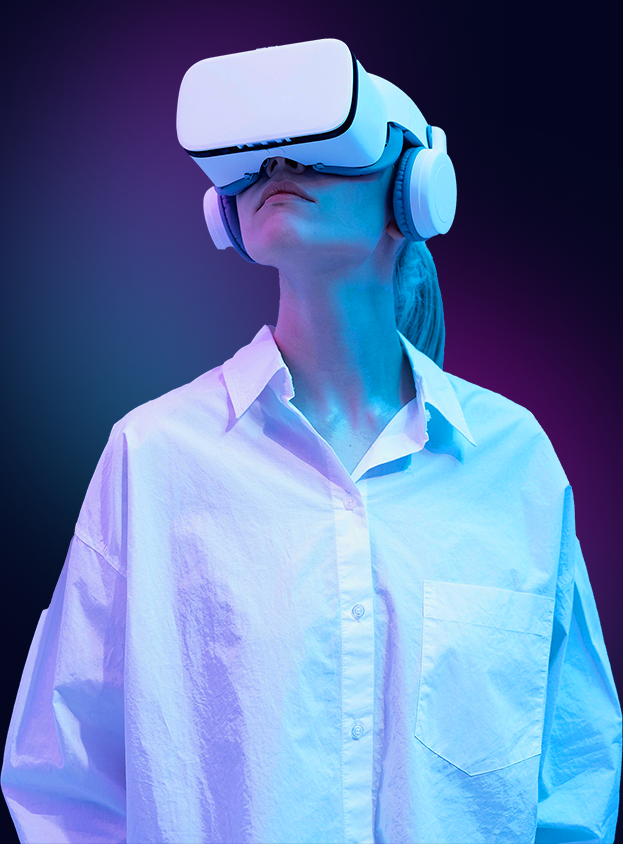 Woman wearing a VR headset, lit in blue and violet