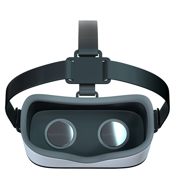 Front view of white and grey VR glasses with a head strap