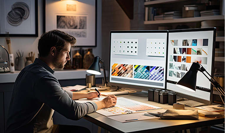 Designer working across two monitors on colour studies